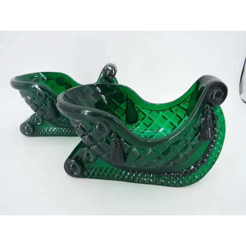 Vintage Green Hard Plastic Christmas Sleigh Candy Dish Pair of 2